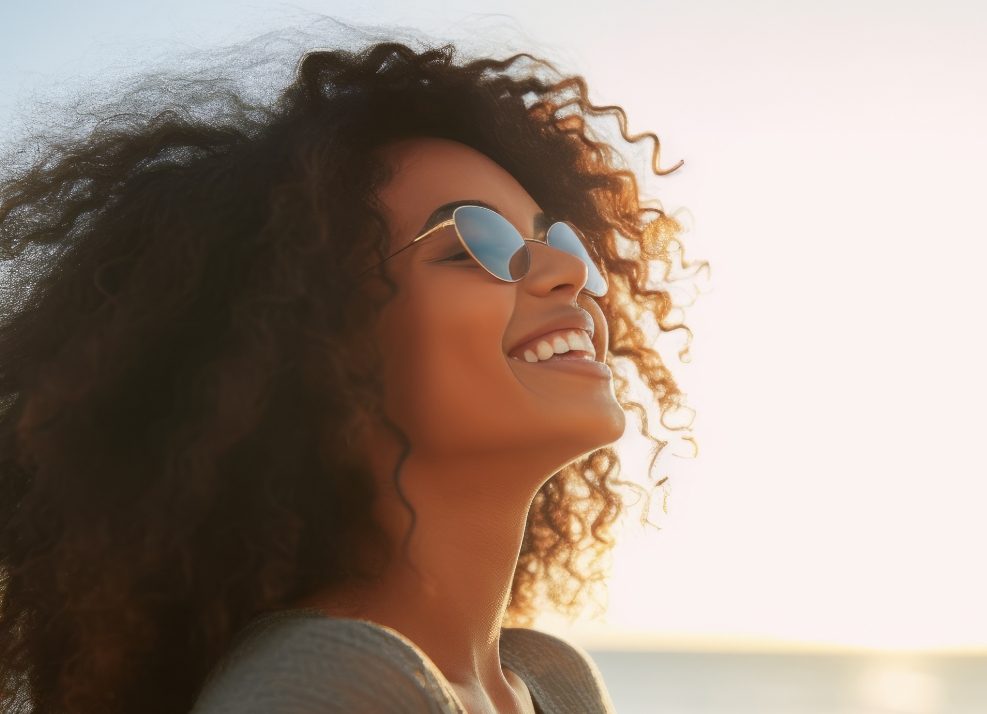 Young woman with sunglasses grinning outdoors at sunset